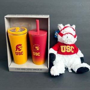 USC 2-Piece Trojans Sipper Tumbler Gift Set + USC Traveler Mascot Plush Toy NEW